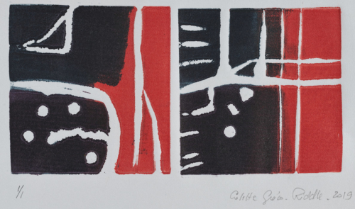 Linocut | 2 tiles on paper blue and red | 8cm x 15cm Linocut | 2 tiles on paper blue and red | 8cm x 15cm